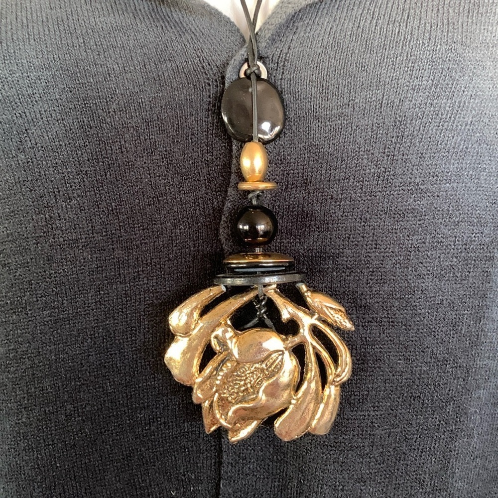 'Ragamuffin Couture' Brass Rose artisan Necklace, black leather cord, beads OOAK - Picture 6 of 13
